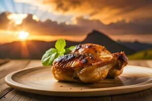 poulet sur une assiette avec une le coucher du soleil dans le Contexte. généré par ai photo