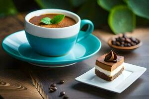 café et dessert sur une en bois tableau. généré par ai photo