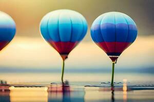 Trois chaud air des ballons flottant dans le l'eau. généré par ai photo