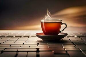 une tasse de thé est assis sur Haut de une clavier. généré par ai photo