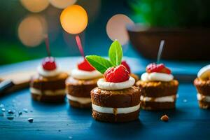 mini Gâteaux avec crème et framboises sur une en bois tableau. généré par ai photo