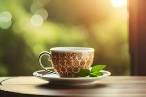 une tasse de thé sur une en bois tableau. généré par ai photo