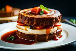 une empiler de Crêpes avec des fraises et sirop. généré par ai photo