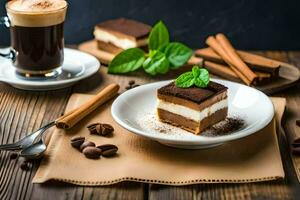 Chocolat gâteau avec café et cannelle sur une en bois tableau. généré par ai photo