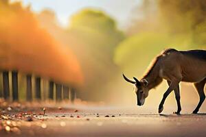une cerf en marchant à travers une route dans le Matin. généré par ai photo