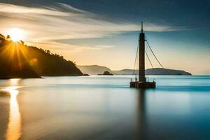 une bateau est séance sur le rive à le coucher du soleil. généré par ai photo