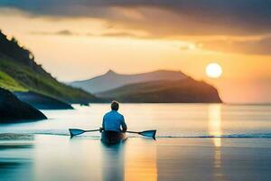 une homme pagaies le sien canoë dans le océan à le coucher du soleil. généré par ai photo