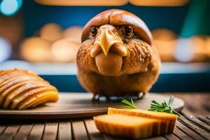 une oiseau avec une fromage tranche sur une en bois tableau. généré par ai photo