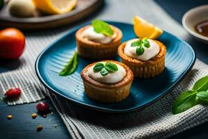 Trois mini petits gâteaux avec crème fromage sur une bleu plaque. généré par ai photo