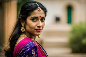 une magnifique Indien femme dans une rose sari. généré par ai photo