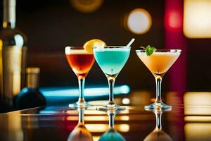 Trois différent coloré des cocktails sur une bar comptoir. généré par ai photo