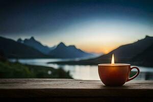 une tasse de café sur une en bois table dans de face de une Lac et montagnes. généré par ai photo