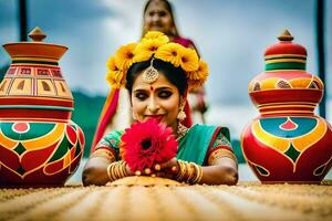 une femme dans traditionnel robe est en portant une fleur. généré par ai photo