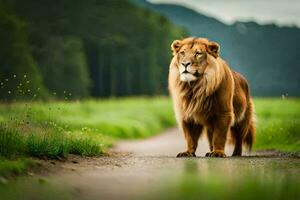 une Lion permanent sur une route dans une herbeux champ. généré par ai photo