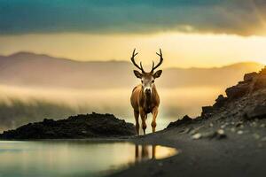 photo fond d'écran le ciel, eau, montagnes, cerf, le soleil, le cerf, le cerf. généré par ai