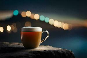 une tasse de café sur une Roche dans de face de une ville. généré par ai photo