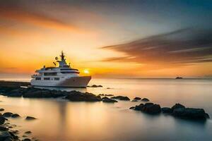 une yacht est amarré à le rive pendant le coucher du soleil. généré par ai photo