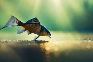 une poisson est en marchant sur le plage avec lumière du soleil brillant. généré par ai photo