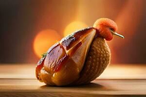 une poulet est séance sur Haut de une en bois tableau. généré par ai photo