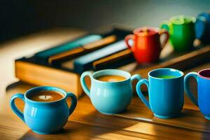 coloré tasses et soucoupes sur une en bois tableau. généré par ai photo