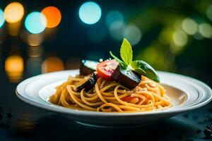 spaghetti avec tomate et aubergine sur une plaque. généré par ai photo