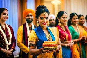 Indien mariage la cérémonie avec la mariée et jeune marié. généré par ai photo