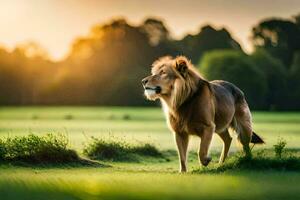 une Lion est en marchant dans le herbe à le coucher du soleil. généré par ai photo