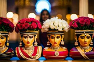 quatre des vases avec fleurs sur leur dans de face de une femme. généré par ai photo