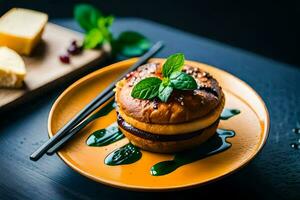 une Burger avec fromage, vert sauce et herbes sur une plaque. généré par ai photo