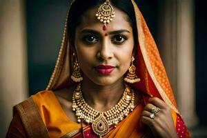 une magnifique Indien femme portant une sari et bijoux. généré par ai photo