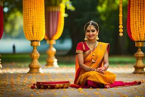 une magnifique Indien la mariée séance sur le sol avec fleurs. généré par ai photo