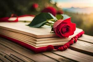 une rouge Rose est assis sur Haut de un ouvert livre. généré par ai photo