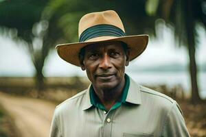 une homme portant une chapeau des stands sur une saleté route. généré par ai photo