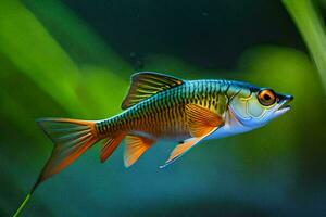 une poisson nager dans un aquarium avec vert herbe. généré par ai photo