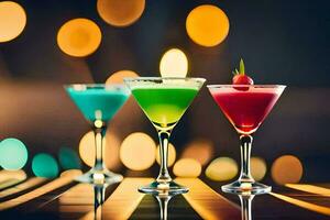 Trois coloré des cocktails sur une tableau. généré par ai photo