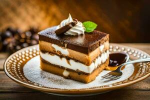 une pièce de Chocolat gâteau sur une plaque. généré par ai photo