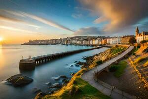 le Soleil ensembles plus de le mer et le ville de stavanger dans Norvège. généré par ai photo