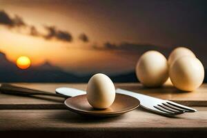 des œufs sur une assiette avec fourchette et couteau. généré par ai photo