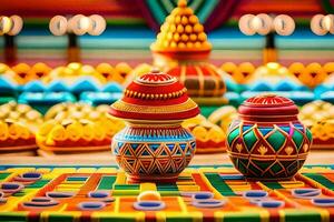 coloré des vases sur une table avec coloré décorations. généré par ai photo