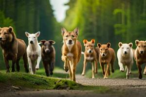 une groupe de chiens fonctionnement sur une route dans le forêt. généré par ai photo