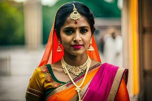 une magnifique Indien la mariée dans traditionnel tenue. généré par ai photo