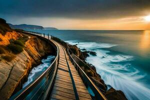 une en bois passerelle pistes à le océan à le coucher du soleil. généré par ai photo