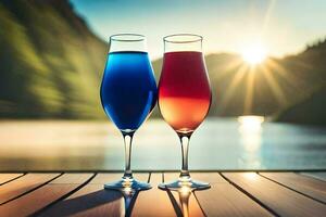 deux des lunettes de rouge et bleu liquide séance sur une en bois tableau. généré par ai photo