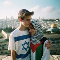 Jeune couple dans l'amour symbole de paix et réconciliation dans Jérusalem. génératif ai. photo