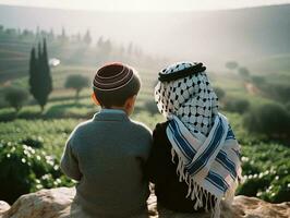 symbole de paix juif et palestinien copains dans Jérusalem. génératif ai photo