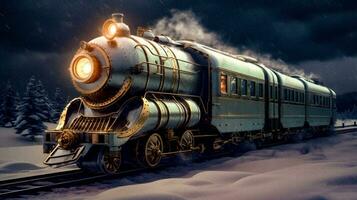 rétrofuturiste steampunk train dans haute la vitesse panoramique coup génératif ai photo