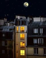 nocturne Paris éclairé par la lune paysage urbain en dessous de une étoilé ciel génératif ai photo