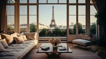 luxe minimaliste vivant pièce avec Eiffel la tour vue génératif ai photo