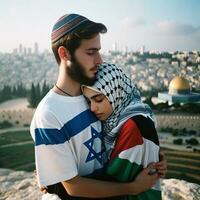 Jeune couple dans l'amour symbole de paix et réconciliation dans Jérusalem. génératif ai. photo