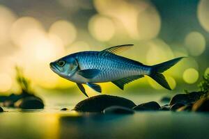 une poisson est permanent sur le l'eau avec une bokeh Contexte. généré par ai photo